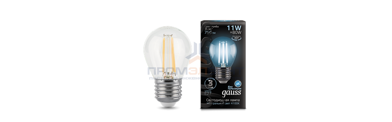 Лампа Gauss Filament Шар 11W 750lm 4100К Е27 LED 1/10/50