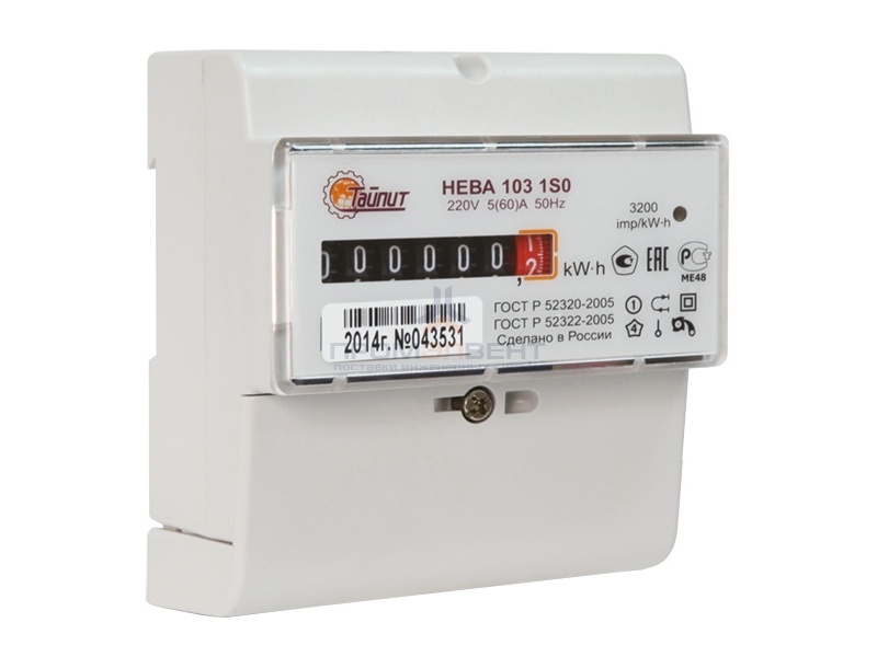 Счетчик однофазный однотарифный НЕВА 103/5 1S0 5(60)А 230В на DIN-рейку 5 модулей